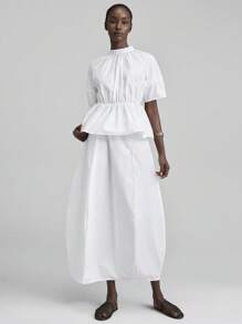 Ontre 2025 Autumn/Winter Women's Clothing, Suitable For Fall, Winter, Back To School, Halloween, Christmas, Business Casual, Vintage, Elegant, Versatile Basics, Nashville Attire, Beach Resort Wear, Club Outfits, Teacher Outfits, Country Music Festival, Streetwear, Scandinavian Style, Independence Day, Ruffle Sleeve Blouse And Skirt 2 Pieces Set - White - View 5