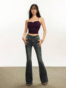 Rina Fox Women's Pockets & Distressed Flare Casual Versatile Jeans