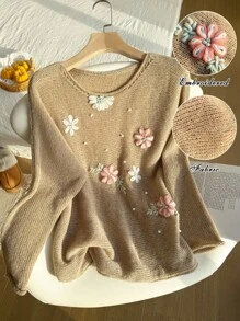 Comfortcana Suéter casual con decoración de flor 3D, talla grande, primavera/otoño