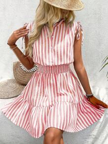 Breezaya Women Summer Blue & White Striped Shoulder Ruffle Bowknot Cinched Waist Cotton Dress