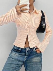 Chiquease 修身法式橙色和白色条纹优雅通勤长袖女式衬衫