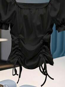 GlowEve 新款流行精致坑条纹方领泡泡袖褶皱修身女式T恤，夏季 - 黑色 - 查看 4