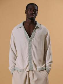 Musero Linen Contrast V-Neck Buttonless Shirt Long Sleeve Spring Summer Holiday Vacation Beachy Poolside - Multicolor - View 1