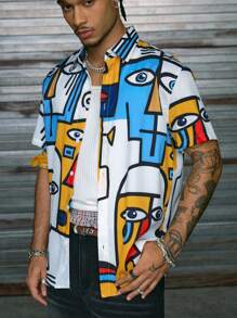 AXEPEAK Camicia a maniche corte da uomo con stampa di motivi geometrici e occhi, camicia casual urbana con bottoni e grafica