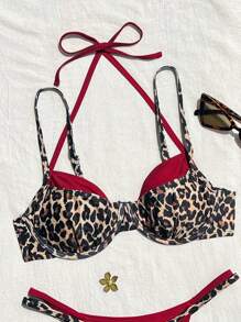 SHEIN 女士豹纹吊带聚拢比基尼上衣和下装两件套泳衣套装，适合海滩度假 - 彩色 - 查看 4