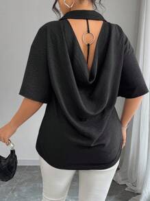 Elenzga Áo sơ mi tay ngắn rộng rãi họa tiết nhẫn đơn giản cỡ lớn, mùa hè - màu đen - Xem 1