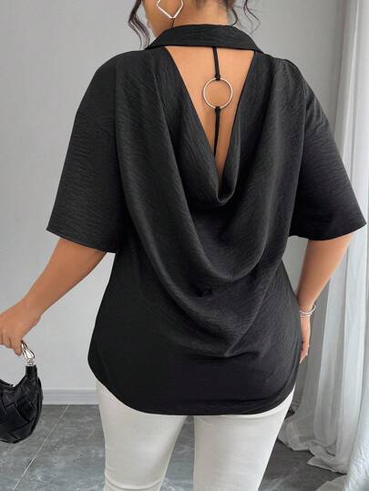 Elenzga 夏季大码简约圆环细节宽松短袖衬衫