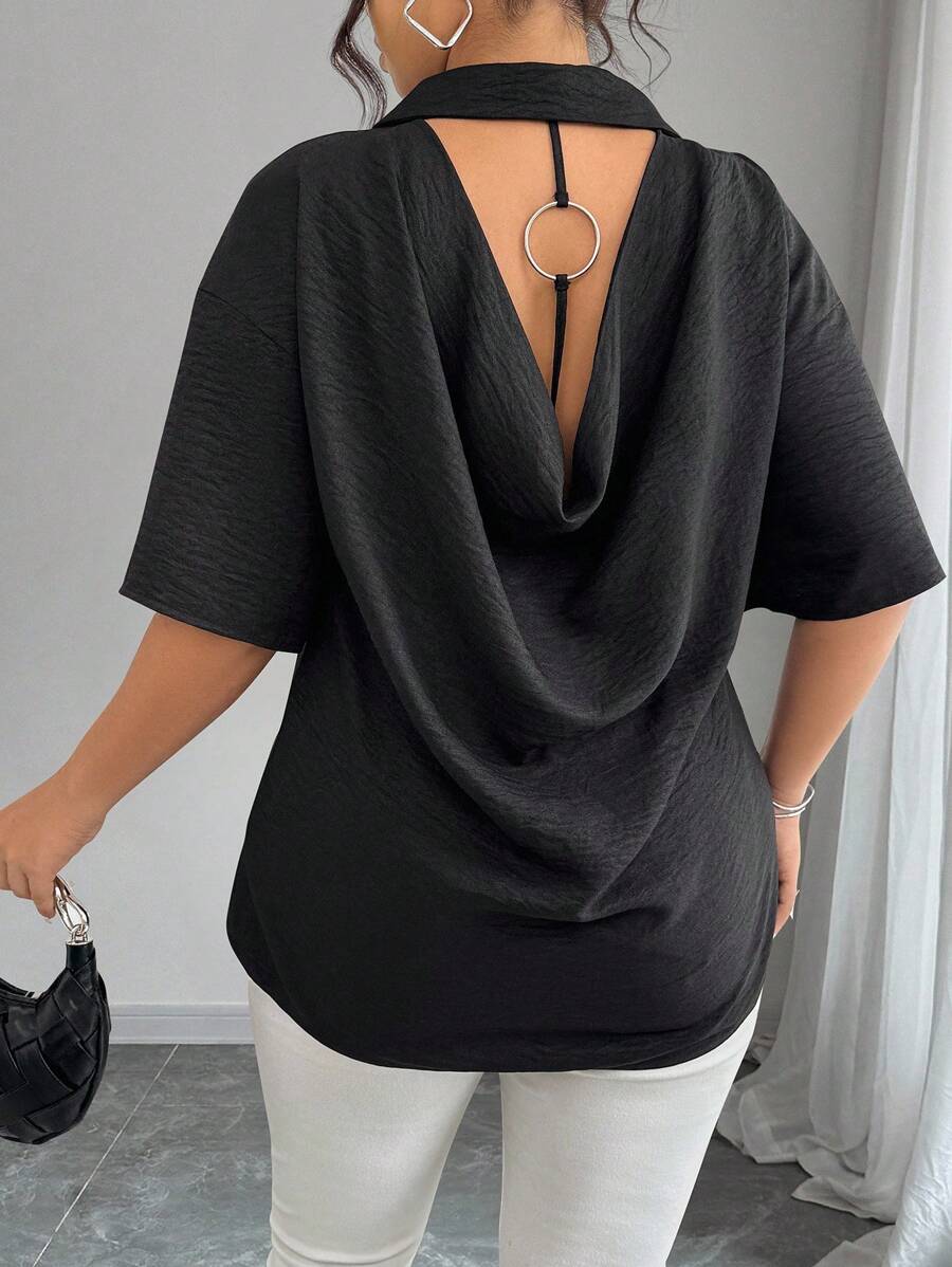 Elenzga Áo sơ mi tay ngắn rộng rãi họa tiết nhẫn đơn giản cỡ lớn, mùa hè - màu đen - Xem 1