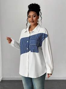Maweii Plus Size Women Sexy Casual Commute Long Sleeve Striped Patchwork Cardigan Shirt - White - View 4