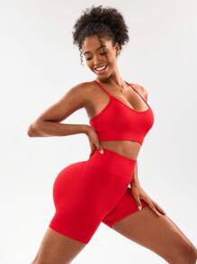 SHEIN Sports 女士无缝纯色短款吊带背心和短裤运动服套装女士健身套装