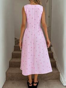 Easowa 圆领无袖荷叶边腰部喇叭蝴蝶结和条纹中长连衣裙，粉色，适合休闲夏季度假优雅户外穿着，蓝白条纹女士连衣裙，度假装，女士沙滩裙，女士连衣裙，优雅太阳裙，商务休闲 - 粉色 - 查看 4