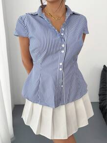 SHEIN POPSWAY Plus Size Blue & White Striped Slim Fit Blouse