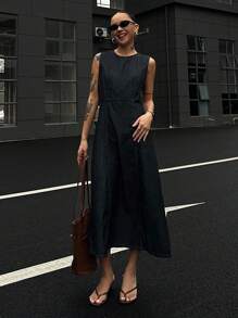 Livesso Women's Round Neck Sleeveless Cinched Waist Denim Dress, Summer - Blue - View 1