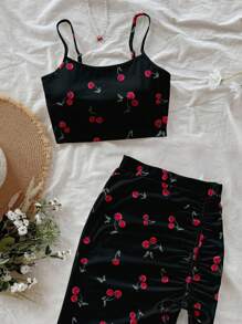 Soleia Bộ 2 áo crop top in họa tiết quả anh đào đơn giản cho nữ và chân váy xẻ cao có dây rút ở eo, phù hợp cho mùa hè - màu đen - Xem 5