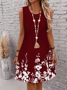 SHEIN LUNE Abito casual comodo con stampa floreale bordeaux di taglia grande