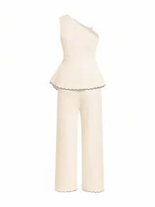 Gownix Women's Asymmetric Shoulder Beige Elegant Floral Embroidery 2 Pieces Outfit,Slim Fit Straight Leg Pants,Summer Day Party Vacation Contrast Trim Set - Khaki - View 3
