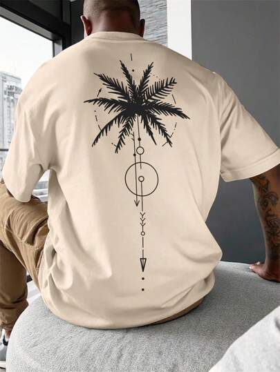 Manfinity RSRT Herren lässiges, locker geschnittenes T-Shirt mit Kokosnussbaum- und geometrischem Muster, Oversized-Passform, Kurzarm, Sommerferienstil Strand T-Shirt für Herren, beige Grafik T-Shirt für Herren, Palmenhemd für Herren
