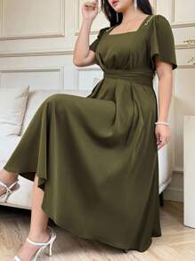 SHEIN Clasi Plus Size Women's Summer Retro Rhinestone Decor Square Neck Elegant Artistic Style French Style Dress