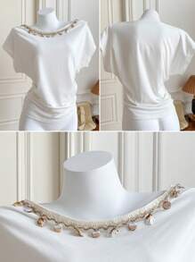 Comfortcana New Summer Shell Tassel White Knit Women's Summer Shell Trim Ruffle T-Shirt - White - View 4