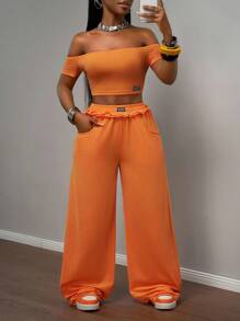Slaydiva 2025新款夏季音乐节生日派对毕业休闲基础套装露肩短袖短款上衣&条纹宽松直筒裤橙色两件套橙色两件套阔腿裤套装裤子两件套夏季裤子套装 - 橘色 - 查看 8