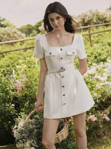 Savoree Beige Elegant Romantic Elegant Rhinestone Button Woven Tweed A-Line Short Dress, Suitable For Wedding Guest, Fairy Dress