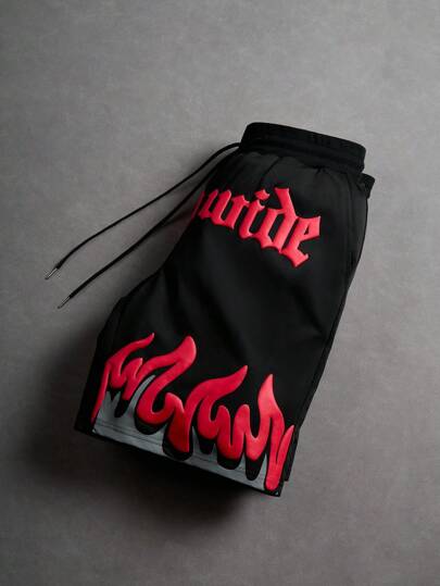 PAVTROS 男士字母与火焰印花抽绳腰袋宽松短裤