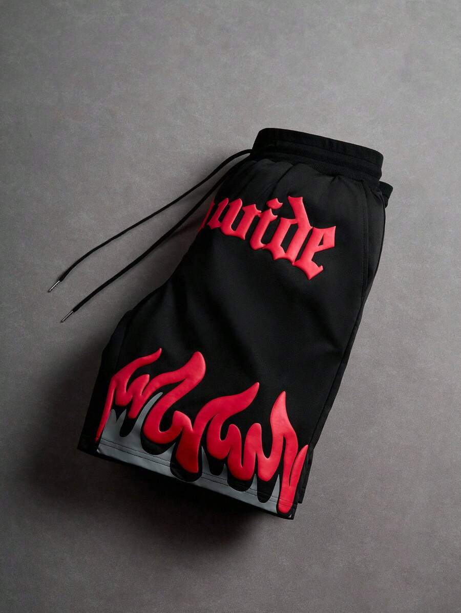 PAVTROS 男士字母与火焰印花抽绳腰袋宽松短裤 - 黑色 - 查看 1