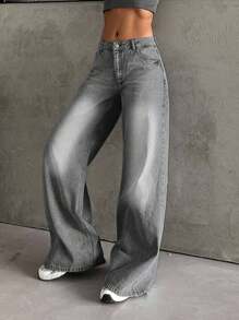 RueChic 100%纯棉女式低腰浅蓝色水洗直筒宽松牛仔裤