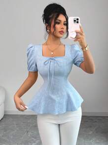 Elenzga New Women's Fashion Versatile French Bowknot Up High-End Puff Sleeve Unique Elegant Jacquard Fabric Shirt