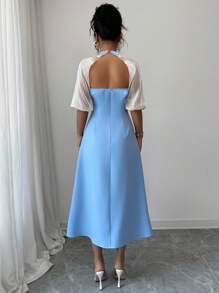 Elenzga Women's Elegant A-Line Dress With Patchwork, Contrast Color Puff Sleeves, For Afternoon Tea Party, Weddings, Lightweight Beach Resort Vacation, Spring/Summer