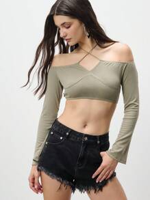 TypaGal This Olive Off-Shoulder Long Sleeve Top With Delicate Halter Detail Offers An Effortlessly Cool Silhouette. A Standout Among Cute Summer Tops And Women's Summer Clothes For Evenings At The Beach Or Casual Daytime Style.