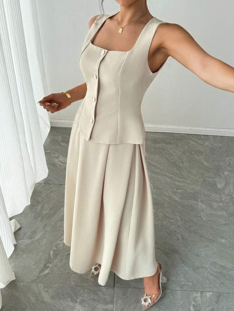 Women Square Neck Sleeveless Waist Fitted Top And High Waist Flare Skirt Set