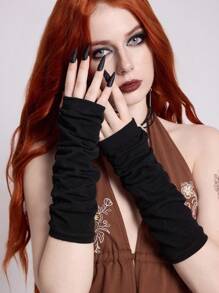ROMWE Goth 1 Pair Minimalist Style Knitted Arm Warmers, Solid Black Countryside Inspired Half Arm Sleeve, Thin Warm Spring/Autumn