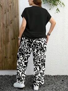 EMERY ROSE 2pcs/Set Plus Size Leaf Graphic Set, Suitable For Summer - Black and White - View 2
