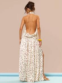 MUSERA 露背吊带超长款缎面波点裹身垂褶细节宽松长裙，适合婚礼宾客、舞会、毕业典礼、生日、夏季假期、节日、可爱休闲优雅的托斯卡纳阳光、伊比沙岛海滩、秋季夜生活、圣诞节、秋季、冬季等场合。 - 杏色 - 查看 4