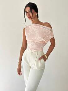 Firerie 女士优雅浪漫精致日常时尚新款假日不对称领口不对称蕾丝拼布垂坠粉色上衣，夏季 - 淺粉色 - 查看 6