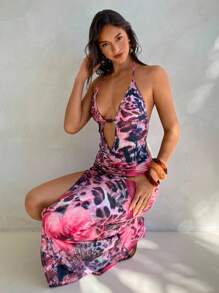 Aloruh Women's Tie-Dye Print V-Neck Dress, Sexy Mesh, Holiday/Resort Wear, Spring/Summer - Multicolor - View 2