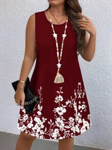 SHEIN LUNE Abito casual comodo con stampa floreale bordeaux di taglia grande