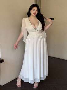 Flirla 大码女式 V 领荷叶边袖褶饰 A 字形雪纺长裙，优雅复古，适合派对、度假、休闲场合、婚礼