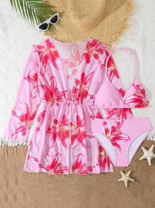 Teen Girls' 3 Pieces Bikini Sets 2025 New Floral Print Pink Casual Vacation Style, Fashion Elegant Ladies Swimwear Suitable For Swimming, Beach, Pool, Photography, Gifts