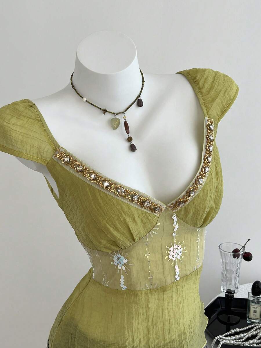 Elamini 女士休闲度假时尚串珠衬衫 - 綠色 - 查看 1