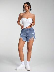 SHEIN Unity Casual Distressed Fringed Denim Shorts - Medium Wash - View 3