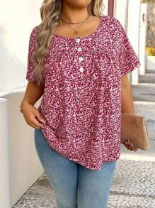 SHEIN Plus Size Casual Short Sleeve Loose Ditsy Floral Shirt - Multicolor - View 4