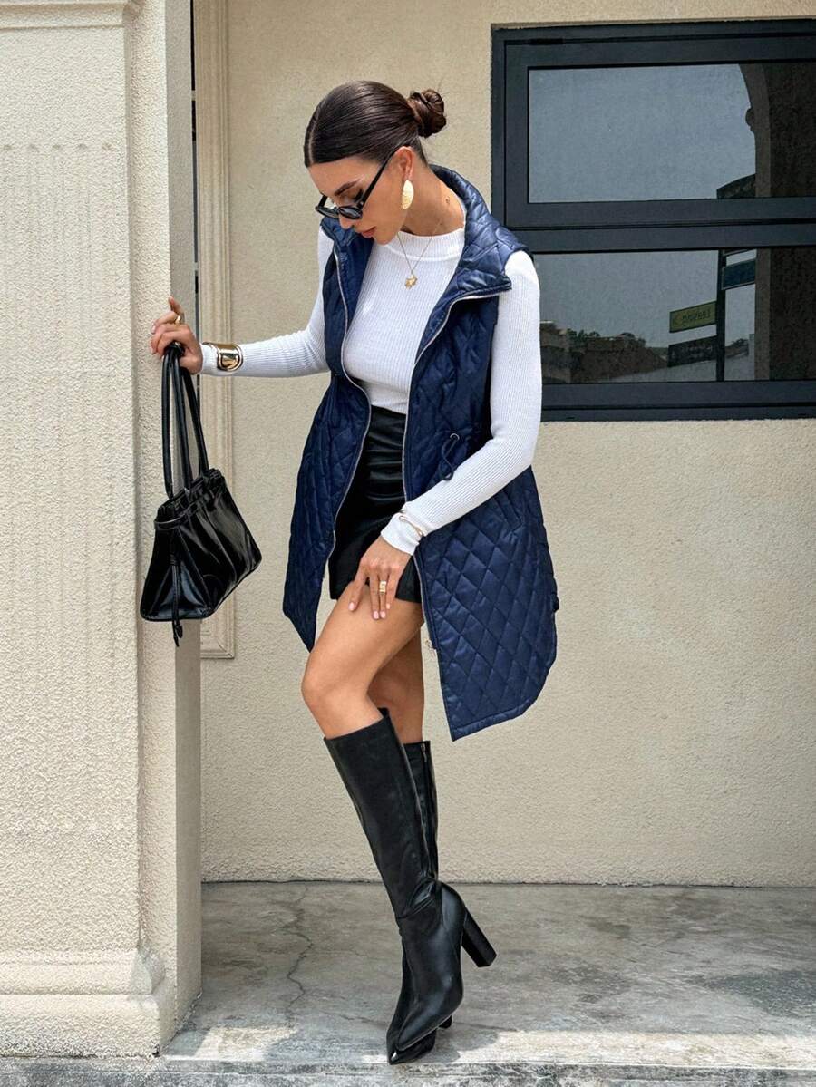 SHEIN Essnce 女士纯色拉链前抽绳腰部无袖休闲冬季夹克 - 銀色 - 查看 1