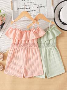 2 件年轻女孩荷叶边露肩蝴蝶结腰连体裤套装，休闲时尚夏季服装 - 彩色 - 查看 1