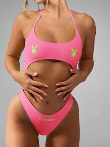 Missguided x Playboy Bộ đồ bơi liền thân Brazil cắt xẻ cao Monokini mùa hè đi biển, bộ sưu tập đồ bơi cổ yếm - Hồng - Xem 3