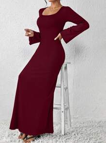 SHEIN ChicEase Elegant Ladies Maxi Dress Burgundy Color Women Outfit Fall Cloth For Women - Burgundy - View 5