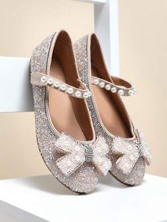 Mini mi Rhinestone Glitter Beige Round Toe Faux Pearl Detail Mary Jane Flats– Cushion Dressing Shoes For Princess's Dance&Party