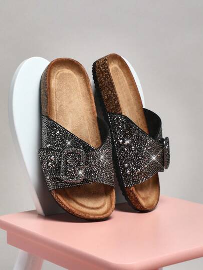 Mini mi Mädchen Glitzer Sternchen Pewter Schwarz Kork Fußbett Slides - Polster Sandalen für Prinzessinnen Verkleidung und Urlaub