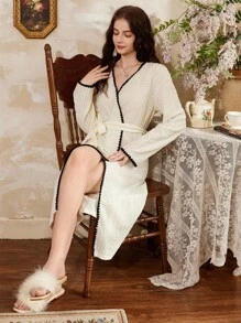 女士简约休闲拼布贝壳边睡袍家居服